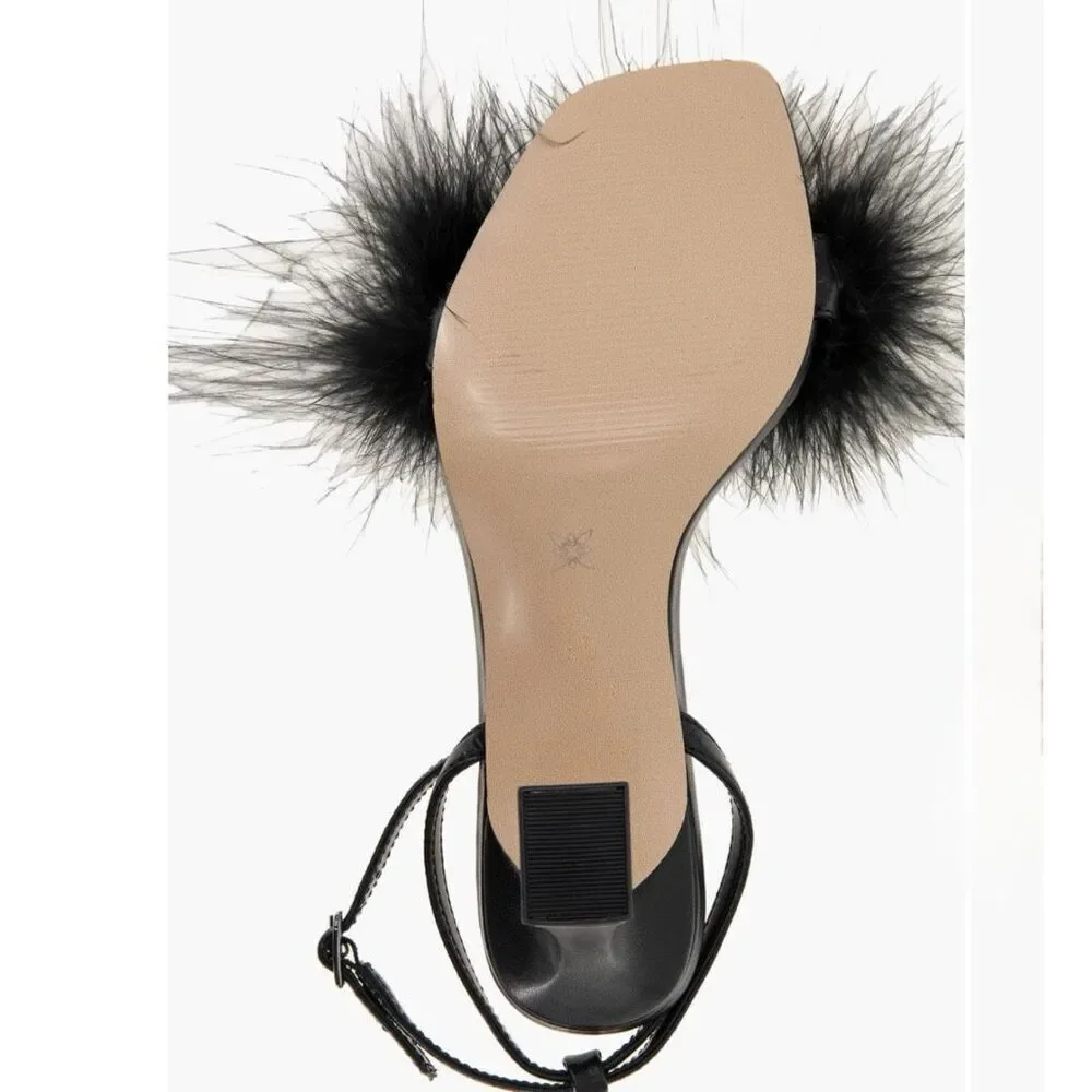 NWT and box BCBG “Relby” faux feather  sandals in black Size 6